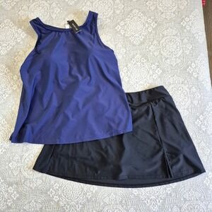 Tempt Me Women Navy High Neck Tankini Top and Black Swim Skirt Set NWT 18W/XXL